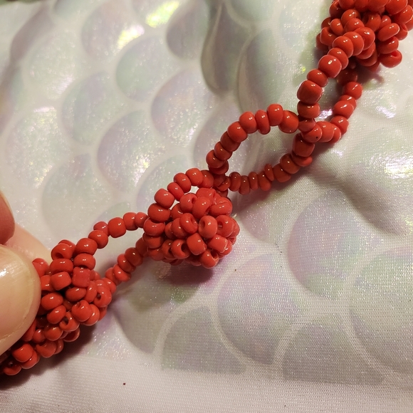 Red Orange Seed Beads Statement Necklace and Bracelet Cuff Set Modern - Picture 5 of 9